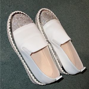 White, rhinestone toes flats